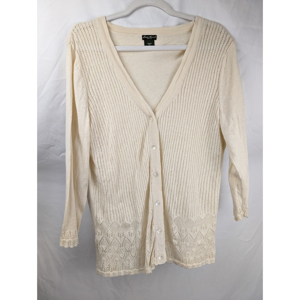 Vintage Linen Pointelle Knit Button Cardigan Size XL Cream Fairy Preppy Coastal - Picture 2 of 9